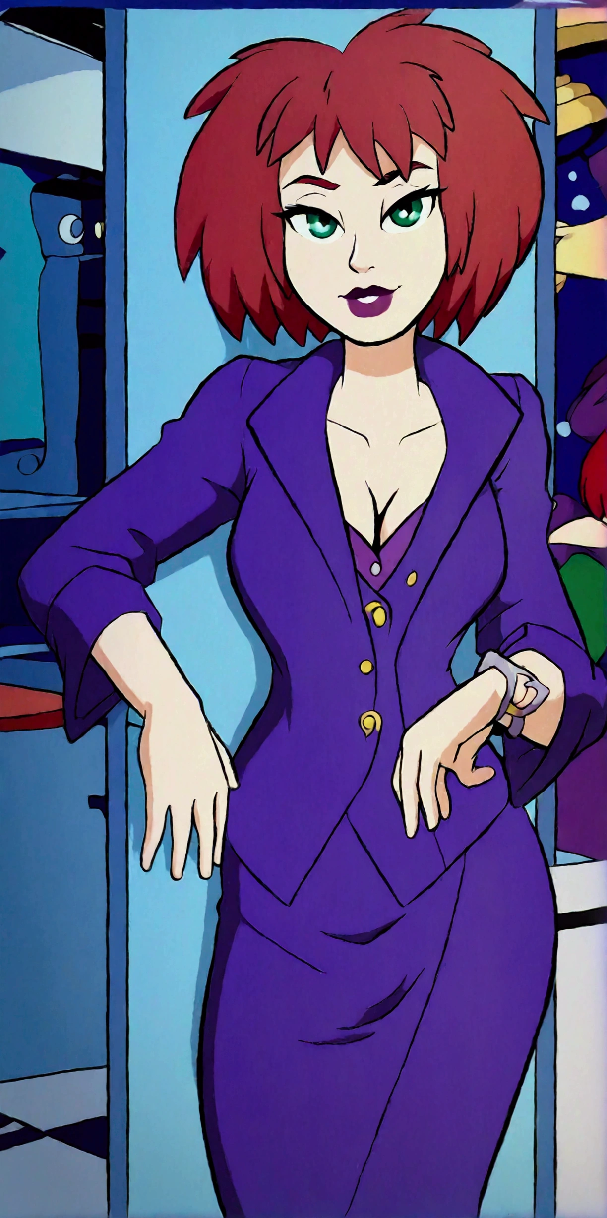 A cute girl, light skin, sexy, attractive, red hair, shiny cut, tousled, her green eye, dresses in a purple button-down buttoned long office coat and a long purple skirt with a black heel.