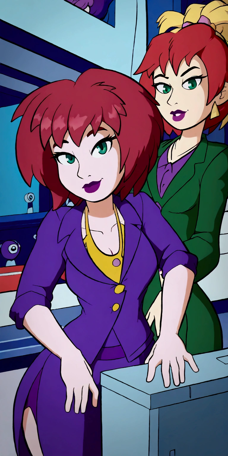 A cute girl, light skin, sexy, attractive, red hair, shiny cut, tousled, her green eye, dresses in a purple button-down buttoned long office coat and a long purple skirt with a black heel.