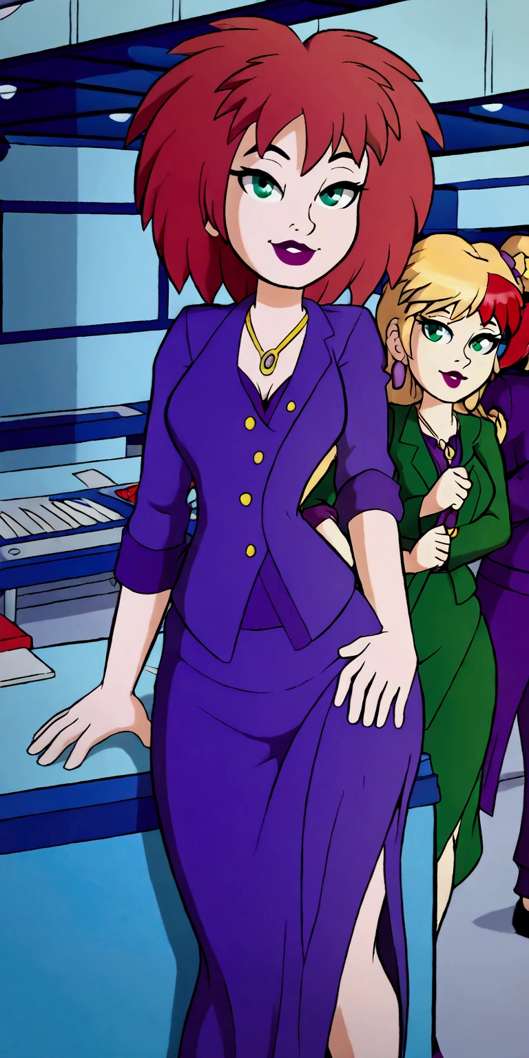 A cute girl, light skin, sexy, attractive, red hair, shiny cut, tousled, her green eye, dresses in a purple button-down buttoned long office coat and a long purple skirt with a black heel.