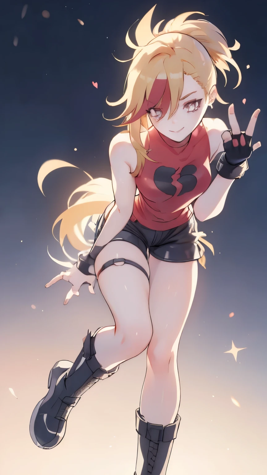 (best quality:1.2),solo,1girl,mdrin,smile,looking at viewer ,lovely pose, ponytail,v-shaped eyebrows,red shirt, fingerless gloves,black shorts , garden background, warm color tones,soft lighting, Hair over one eye, ultra long hair, standing on hooftop, long boots, long ponytail, blonde 