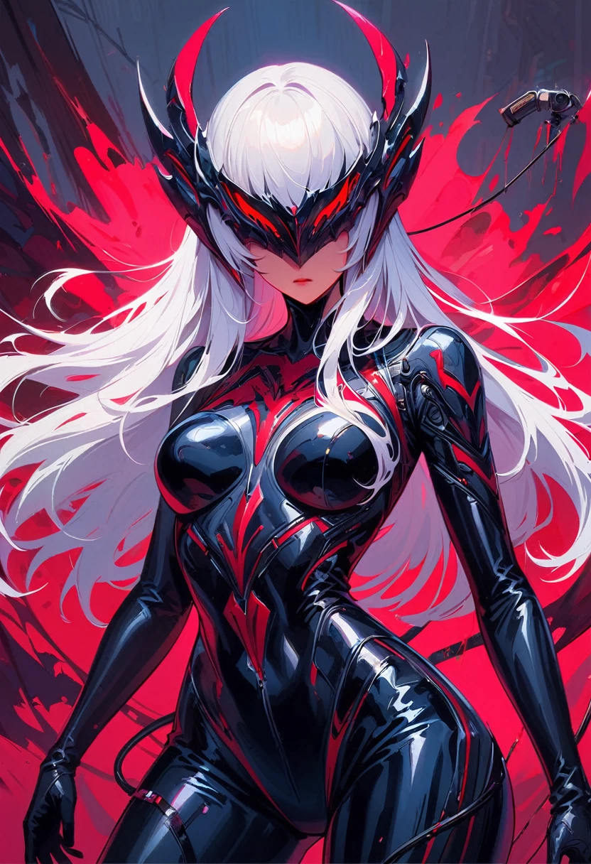 masterpiece, best quality, 8K, Digital painting, 1 girl, solo, stand up, youth, White hair, long white hair, hair accessories, red eyes, round pupils, Emotionless expression, blood stains, Mechanical Parts, electric wire, cable, failure effect, horrifying, science fiction, futuristic, Dark inside the background, neon lights, cyberpunk characters, Surreal, weird, Disturbing, spine-chilling, horrifying, jumpsuit,Red eyes,Venom Possession,blackened,Long black gloves,One-piece Pants,tight latex bodysuit,Highlight her graceful figure,wrap the whole body,symbiont,((Raised sexy)),jumpsuit,Red eyes,Venom Possession,blackened,Long black gloves,One-piece Pants,Black latex clothing,Blood-red eyes,best quality, High resolution, Super detailed, Vivid textures, mask, tight latex bodysuit, Bangs,purple hair, blue eyes