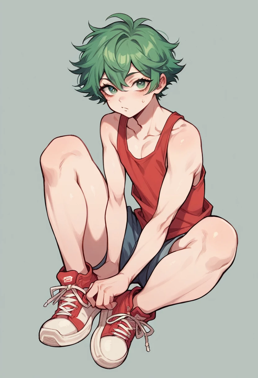 Androgynous Japanese male, with viridian green eyes, short curly viridian green hair, wearing a loose tank top, and joggers, in a red high top sneakers