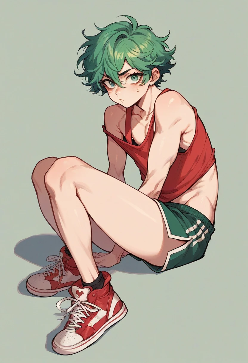 Androgynous Japanese male, with viridian green eyes, short curly viridian green hair, wearing a loose tank top, and joggers, in a red high top sneakers