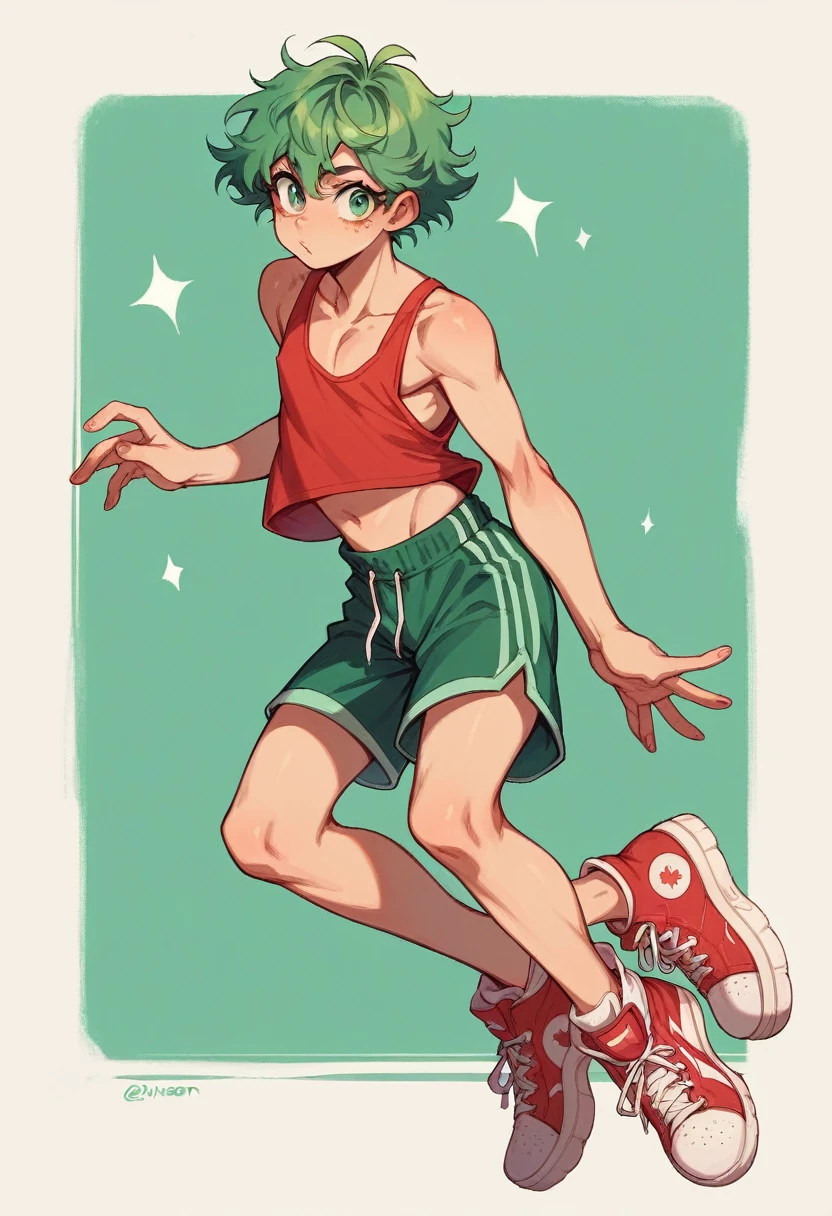 Androgynous Japanese male, with viridian green eyes, short curly viridian green hair, wearing a loose tank top, and joggers, in a red high top sneakers