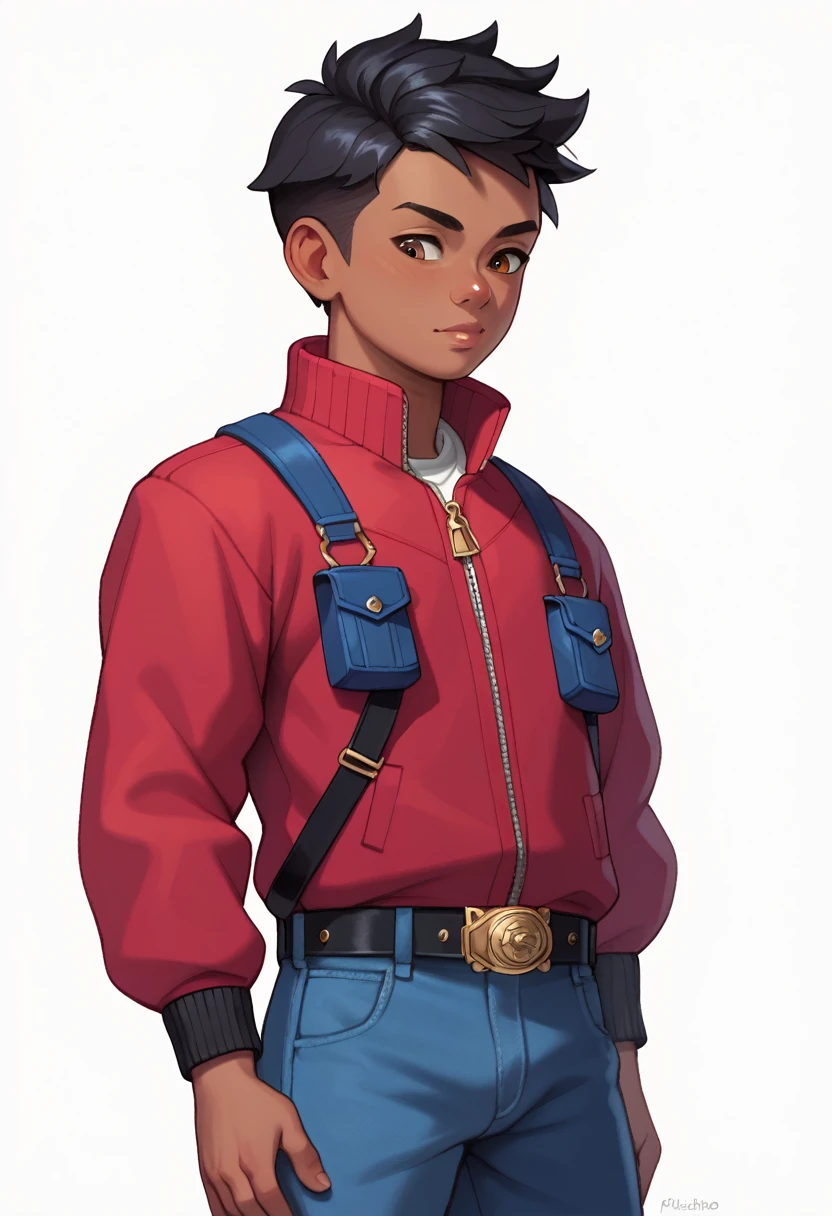 (((Masterpiece))), best quality, cowboy shot, perfect anatomy, (detailed face), ((realistic faces)), realistic anatomy, painterly)) 1boy, (shota), solo, dark skin, black hair, fanny pack, red jacket, three quarter view, simple background, white background