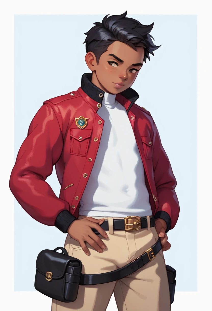 (((Masterpiece))), best quality, cowboy shot, perfect anatomy, (detailed face), ((realistic faces)), realistic anatomy, painterly)) 1boy, (shota), solo, dark skin, black hair, fanny pack, red jacket, three quarter view, simple background, white background