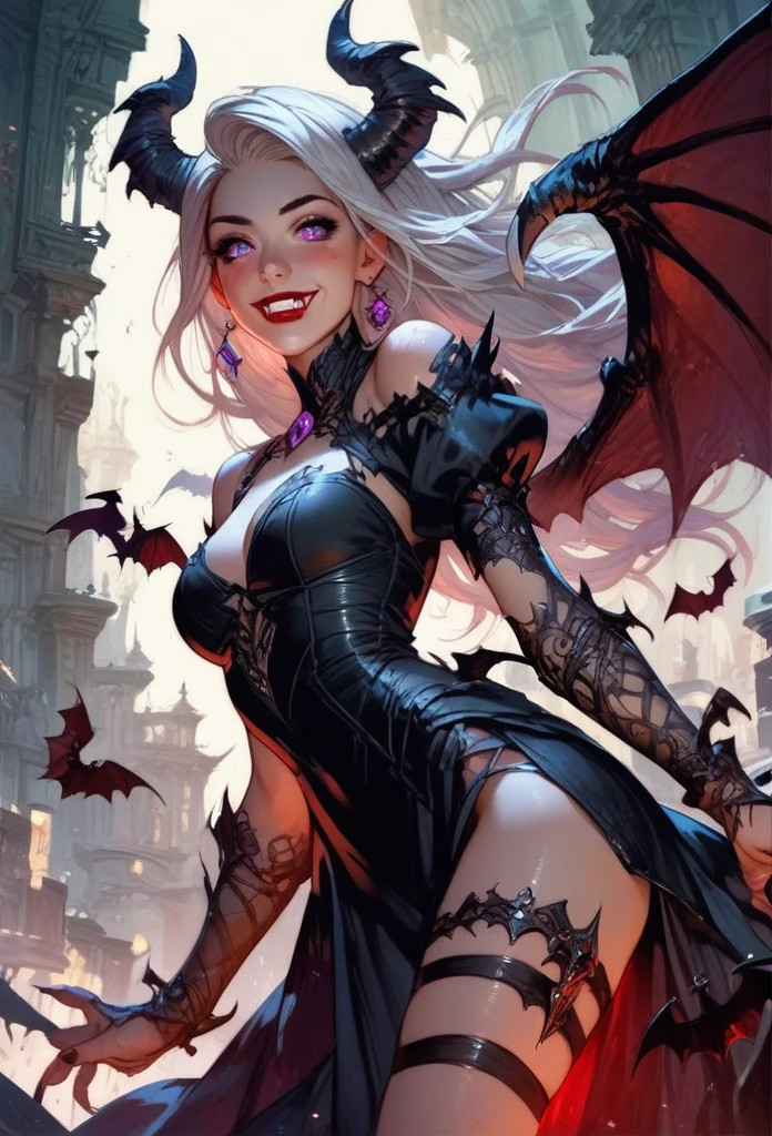 score_9, score_8_up, score_7_up, score_6_up, score_5_up, score_4_up,1girl, vampire, dark dress, thigh strap, red lips, blush, smile, white long hair, purple eyes,fantasy,solo focus,epic,black horns, black wings, bat wings, purple eyes, human ears,
