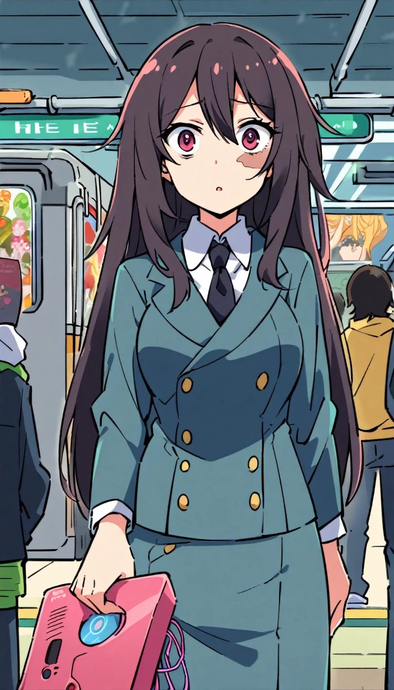 Remote control vibrator in hand, Subway car interior background, In the crowded crowd, Focus is on 1 girl, (Eyes red:1.3), collared, cowboy shot, broad detail, miku, (work of art, Ridiculous), Src_Japanese cartoons, breasts big, dark gray hair, long hair, bags under the eyes, cicatriz, burn scar, Hatsune miku, side facing shot, bblurry, he can&#39;Don't give up, adorable, red cheeks, demented smile, eyes locked, opening your mouth with tears in your eyes, left by saliva, Wedding dress with white lace miniskirt, Holding flowers, Wet skirt hem, Sticky panties, vibrator handle bulge, vibrator on thigh strap, White lace socks, wedding hood, ass pov, best qualityer, super detaill, texturized skin, work of art, ultra HD, 8k