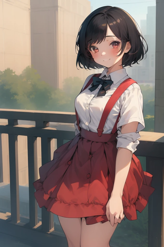 (masterpiece, top quality, best quality, beautiful and aesthetic:1.2), 1girl, solo,  extremely detailed, highest detailed,
1girl, chibi, cbmrk,suspenders, black hair, short hair, red skirt, white shirt, smile, standing, school, bust shot,