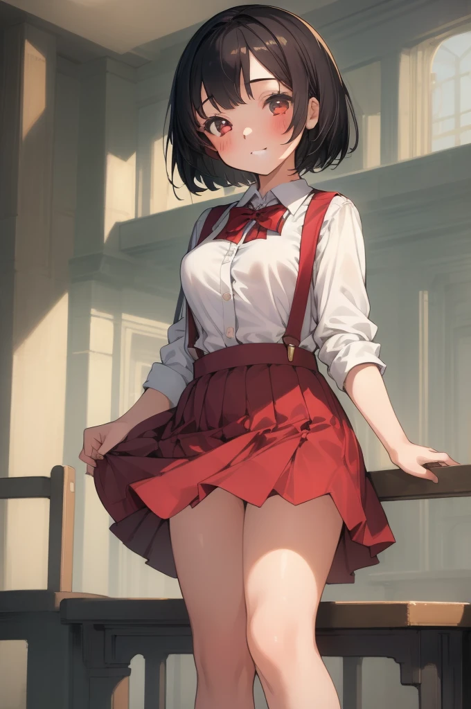 (masterpiece, top quality, best quality, beautiful and aesthetic:1.2), 1girl, solo,  extremely detailed, highest detailed,
1girl, chibi, cbmrk,suspenders, black hair, short hair, red skirt, white shirt, smile, standing, school, bust shot,