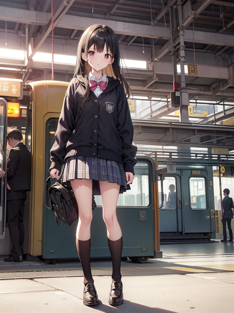 masutepiece, Best Quality, High resolution, Extremely detailed, Detailed background, Cinematic lighting, 1girl in, Looking at Viewer, Wear a plaid shirt, microminiskirt, Pleated skirt, standing, Full body, Sunlight, Waiting train, train station, Stand on the platform , City Girl