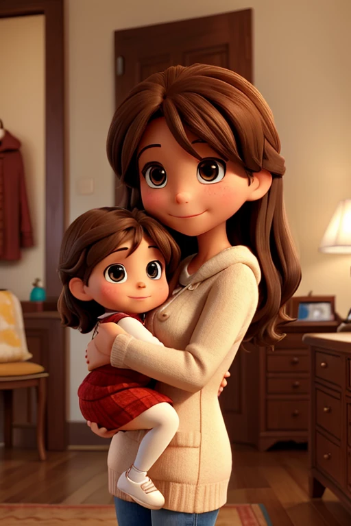 shy brown haired mother holding her daughter