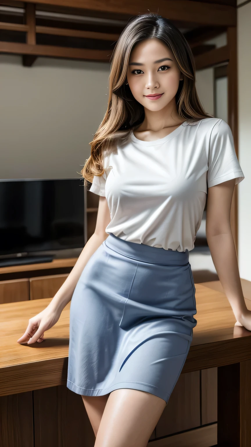 One Japanese woman, Housewife in her 30s、A full-body photo from head to toe、, Detailed face, Captivating smile, Detailed eyes, Thick chest, Smooth Skin, Light brown hair、Straight long hair、Tight white T-shirt, Gray-blue long skirt, Wearing high heels、Looking at the audience, Low angle shot,(8k, RAW Photos, Highest quality, masterpiece: 1.2), (Realistic, Realistic: 1.37), Ultra-high resolution