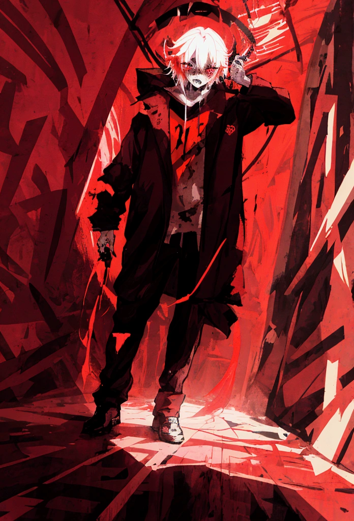 a male character, uncanny, with the entire stage covered in black scribbles, and your eyes scribbled with the color red, and a terrifying background behind it, the shadows trying to get close to him, anime style for phonk music thumbnail