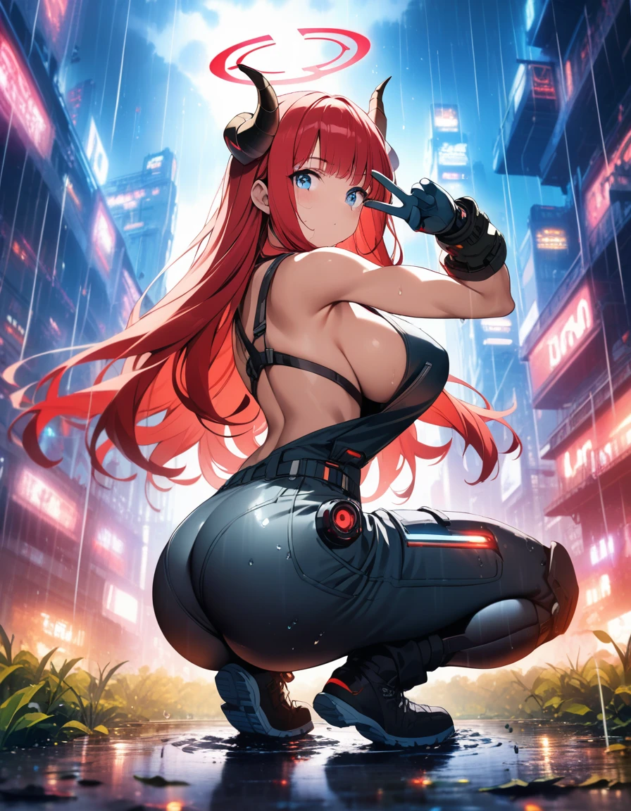 face_focus,looking at viewer,solo,long hair,halo,blue eyes,gloves,bangs,bare shoulders, 19 years old, large breasts, triple D cup breasts, round buttocks, bubbly buttocks, wide hips, bubbly ass, fit and strong, amazing composition,beautiful,incredible lighting,horns,long red hair,morose facial expression,raw photo, chaos, squatting,head up,backless overalls,farm,rain,puddle,double exposure,cyberpunk,tactical gear,(exosuit:0.4),(cyborg woman:0.4),futuristic,wearing boots,incredibly absurdres,artbook,Cinematic Lighting,complex background,detailed cyberpunk background,v,arm_up,