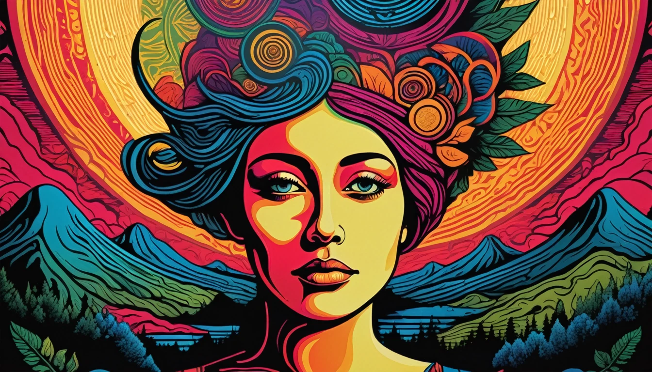 Create a surreal woodcut-style digital image with vibrant colors, Centered on a person experiencing feelings and visions of déjà vu. The image should evoke a spiritual and introspective atmosphere, with elements that highlight the connection between past and present.