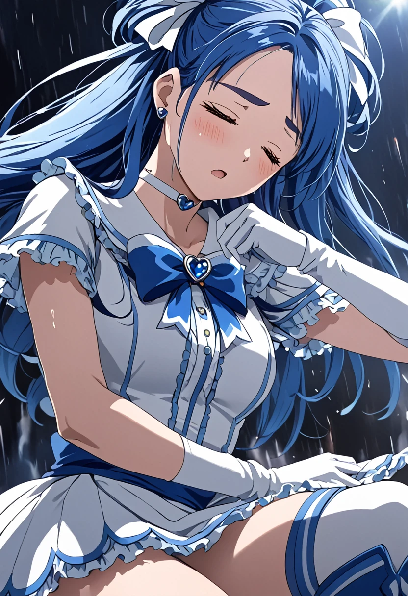 (Suffering from being held by a muscular man:1.5)、Cure White,hair ribbon,Chest ribbon, mini skirt, white choker, thigh straps, elbow gloves, heart brooch,detailed hair and outfit, long flowing blue hair, white and blue frilly dress, white gloves and boots, blushing, feeling pain, suffering from arm being bitten by enemy, dynamic and intense scene, background with sound waves, eyes closed, masterpiece, best quality, highly detailed background, perfect lighting, (beautiful, best quality: 1.1), masterpiece, perfect eyes, (beautiful), (erotic: 1.2)