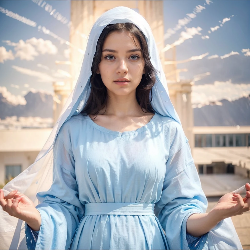 Beautiful woman with light blue eyes, curly black hair, wearing a blue tunic with wide, long sleeves adjusted at the waist by a white sash. Wear a thick white veil. She has open arms. Beautiful female hands
