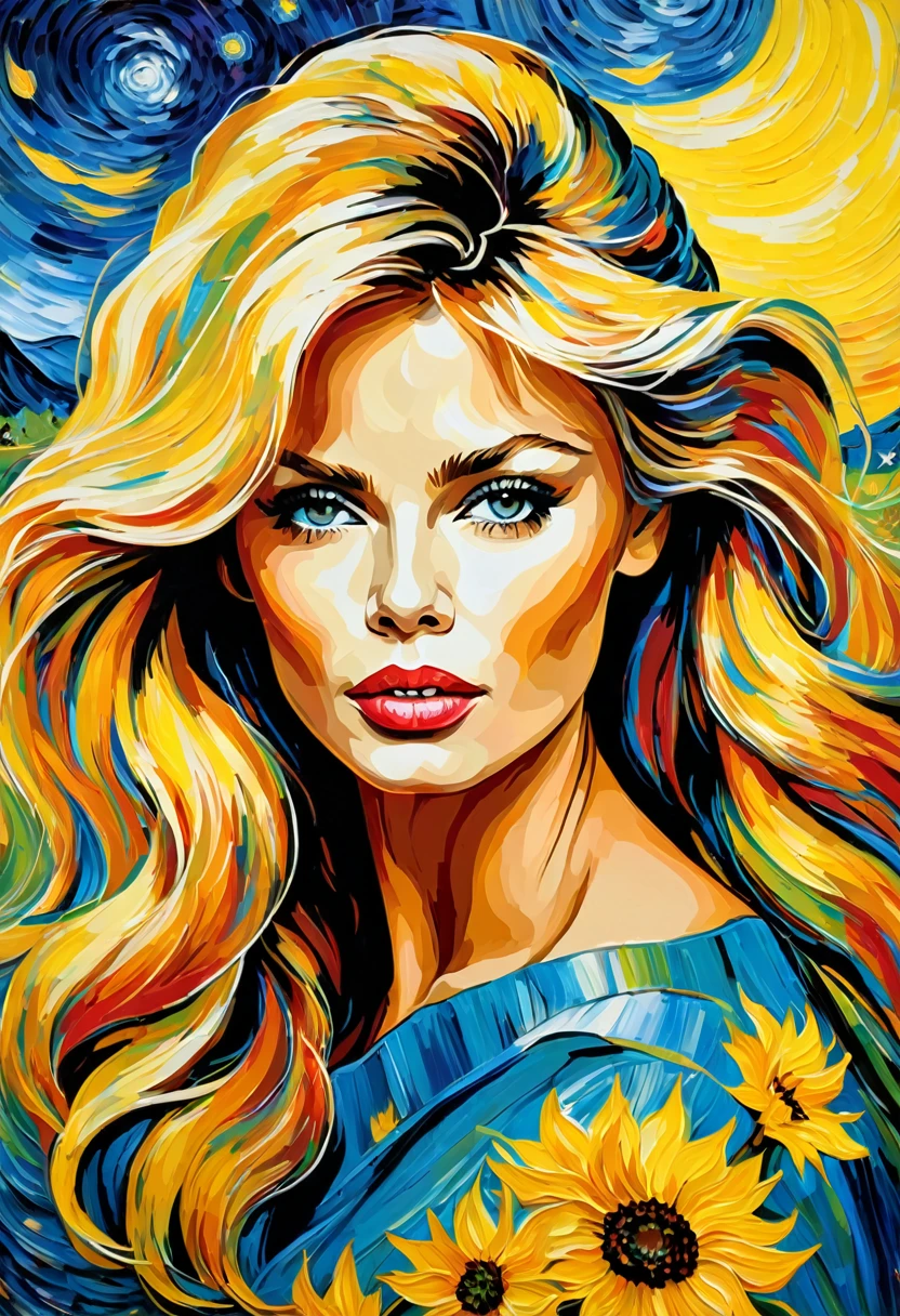 A captivating work by Brigitte Bardot, depicted in the style of Vincent Van Gogh. The actress is depicted with swirling, vibrant colors and bold brushstrokes, reminiscent of the artist's signature technique. Brigitte Bardot's face is illuminated by a soft light, her eyes filled with emotion and her hair cascading in a rich palette of hues. The background is a dreamlike starry nightscape, evoking the essence of Van Gogh's famous painting.