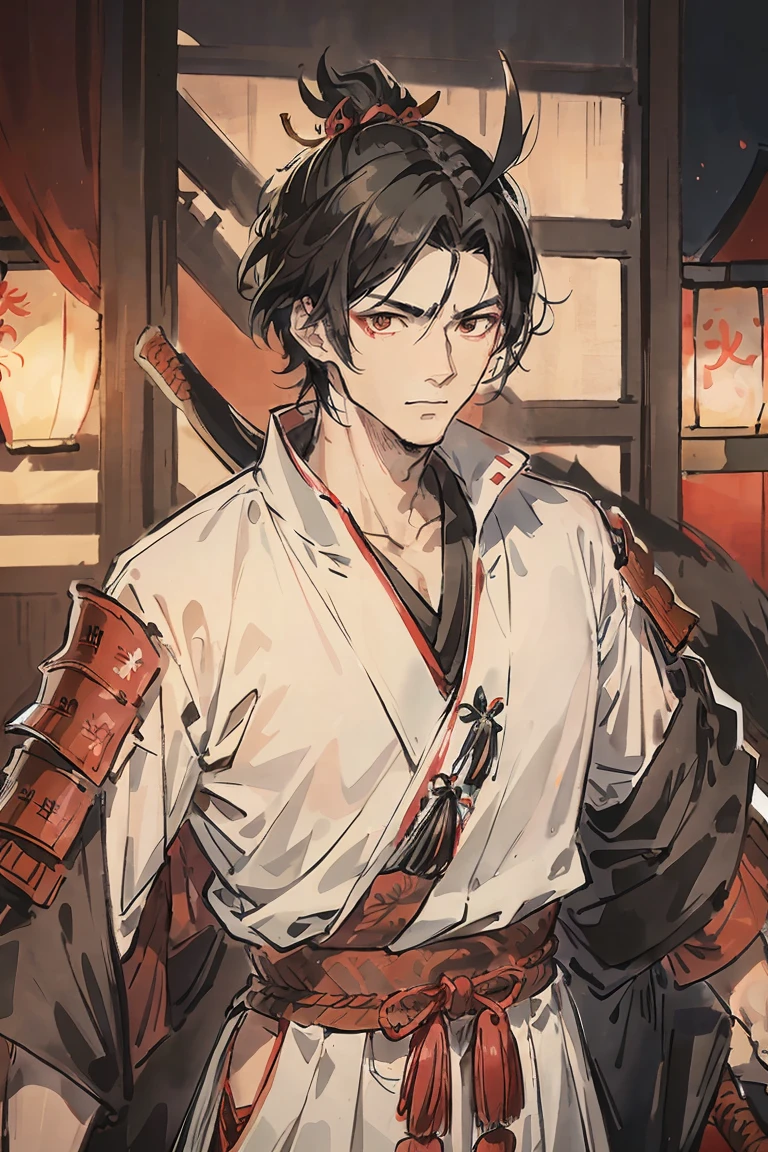 sparrow, a black haired men, wearing a red samurai armor, short hair, fasion hair, samurai armor, slim body, shirt ornament, hakama, men, handsome face, tall 187cm, 21yearold, samurai, male