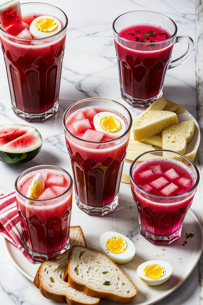 Two boiled eggs with slices of bread and a glass of watermelon juice