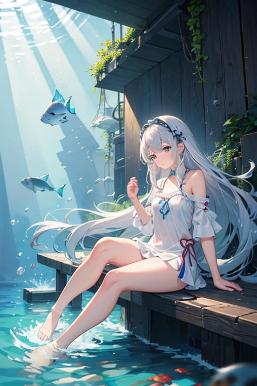 masterpiece, Highest quality, High resolution，Follow the on-screen instructions、Anime Style、Follow the on-screen instructions、One Girl、Long silver hair、Coral Reef、fish、Drop position、Falling、Look up, bend your knees, and reach your arms out toward the water.、Staring at the surface of the water、Deep Sea、Angle is horizontal