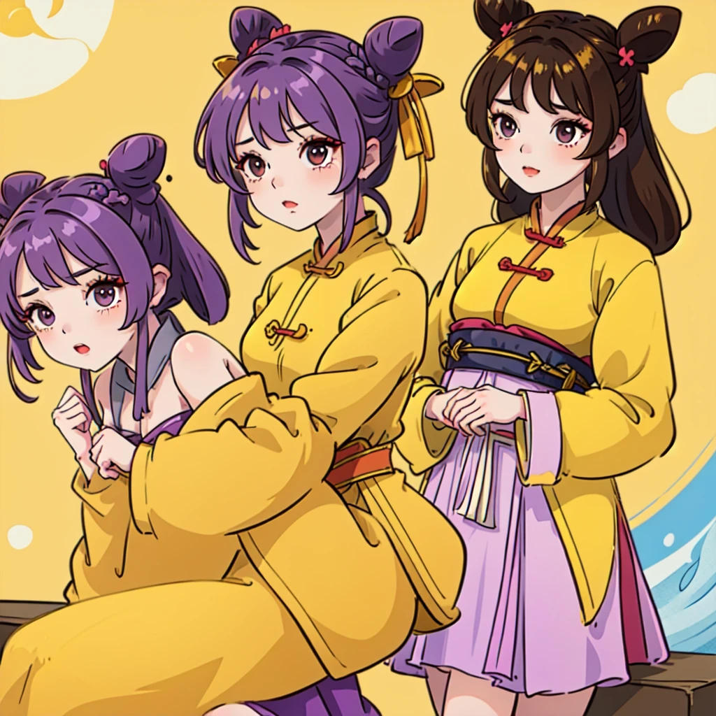 ((Best Quality, ancient china, 1 girl) brown fur ((bun hairstyle)) , purple eyes, yellow tunic ((completely yellow))
