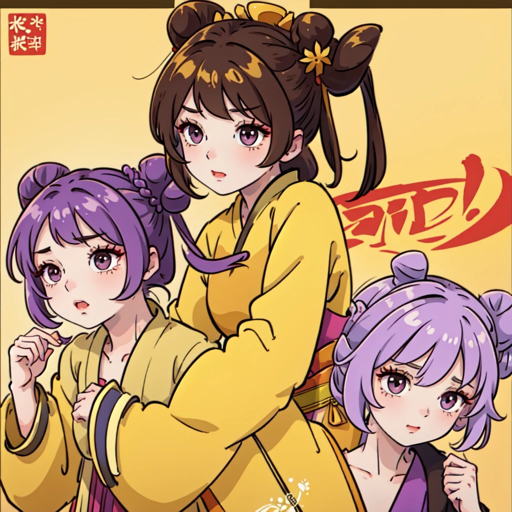 ((Best Quality, ancient china, 1 girl) brown fur ((bun hairstyle)) , purple eyes, yellow tunic ((completely yellow))
