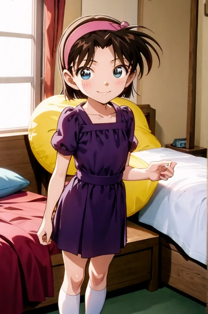 ayumiyoshida, , blue eyes, short hair, brown hair, bangs, hairband, short dress, smile, standing, bedroom 