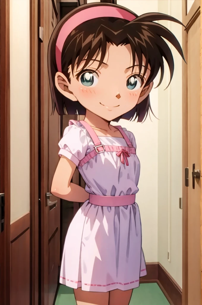 ayumiyoshida, , blue eyes, short hair, brown hair, bangs, hairband, short dress, smile, standing, bedroom 