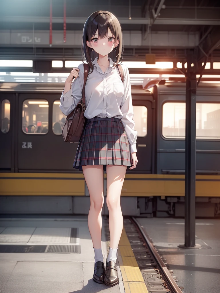 masutepiece, Best Quality, High resolution, Extremely detailed, Detailed background, Cinematic lighting, 1girl in, Looking at Viewer, Wear a plaid shirt, microminiskirt, Pleated skirt, standing, Full body, Sunlight, Waiting train, train station, Stand on the platform , City Girl