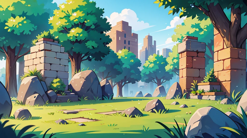 chibi landscape background image, a 50 feet tall stone brick wall