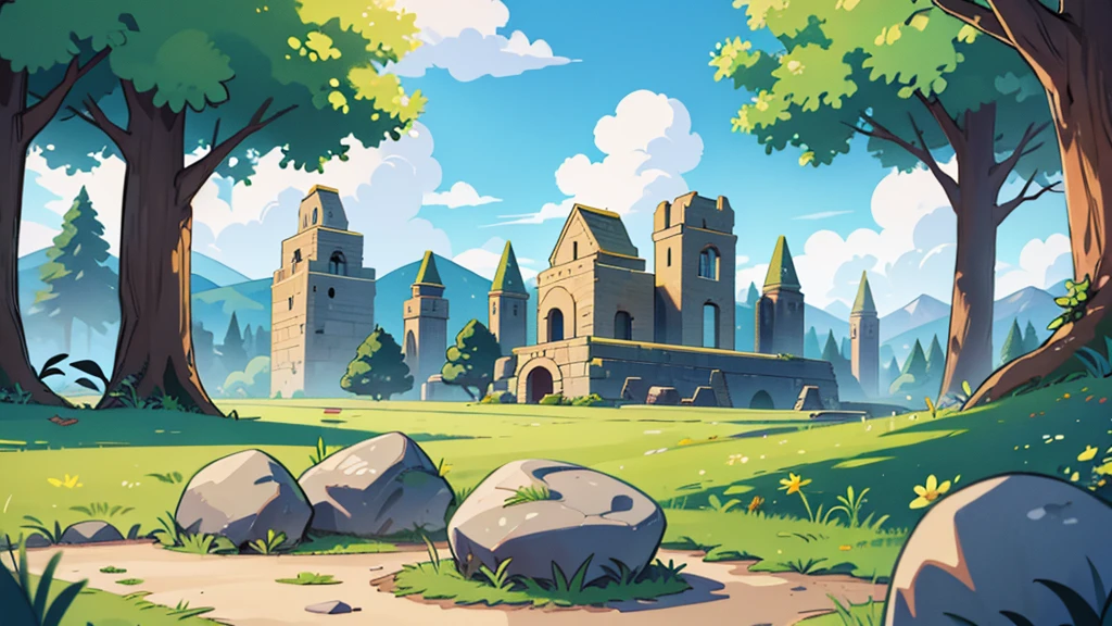 chibi landscape background image, a 50 feet tall stone brick wall