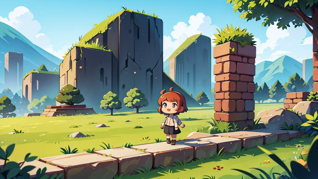 chibi landscape background image, a 50 feet tall stone brick wall