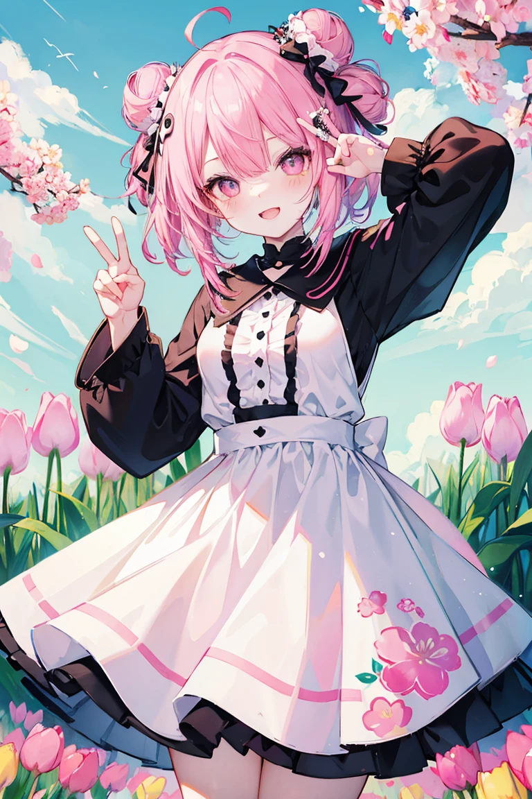 A panda anime girl in a field of tulips is showing a peace sign. With pink hair in 2 buns winking in one eye. Wearing a pretty dress