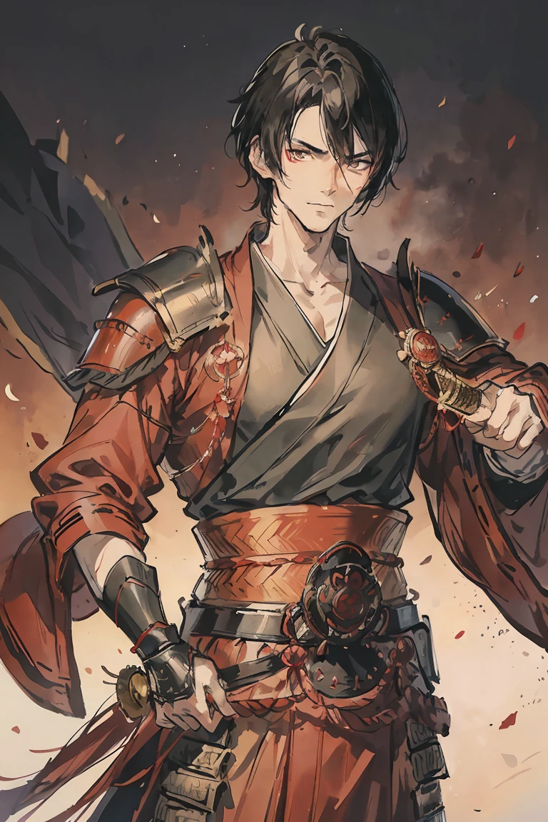 sparrow, a black haired men, wearing a red samurai armor, short hair, fasion hair, samurai armor, slim body, shirt ornament, hakama, men, handsome face, tall 187cm, 21yearold, samurai, male
