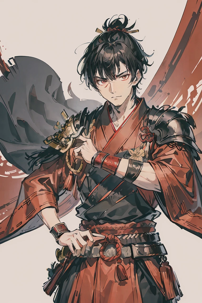 sparrow, a black haired men, wearing a red samurai armor, short hair, fasion hair, samurai armor, slim body, shirt ornament, hakama, men, handsome face, tall 187cm, 21yearold, samurai, male