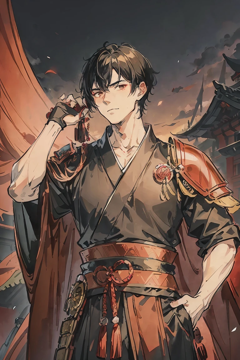 sparrow, a black haired men, wearing a red samurai armor, short hair, fasion hair, samurai armor, slim body, shirt ornament, hakama, men, handsome face, tall 187cm, 21yearold, samurai, male