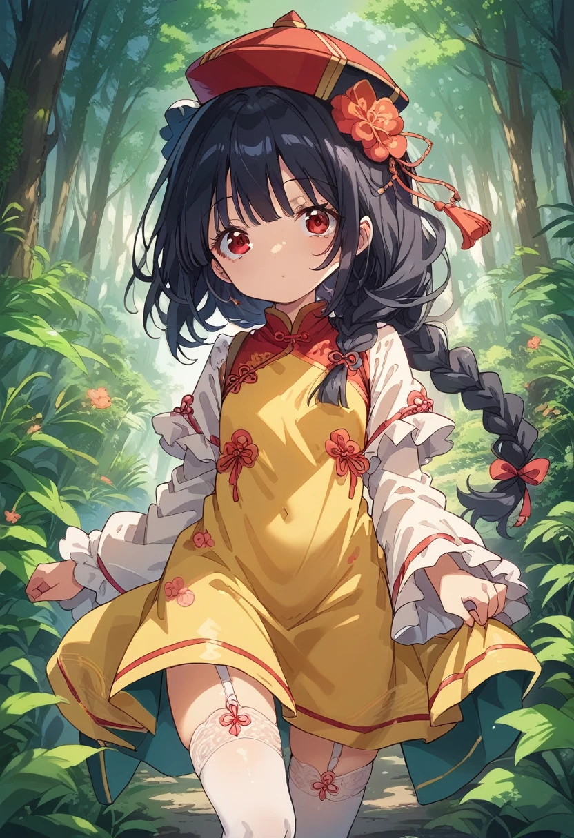 BREAK Perfect Anatomy、(High resolution:1.2)、Incredible illustrations、(Cute illustrations:1.2)、() （Beautiful background(forest)) 1 girl(Black hair, long hair, single braid, red eyes,tattoos, )(young adult woman:2.0)
China Hat,Long ruffled sleeves, yellow and black jiangshi cheongsam dress, garter stockings