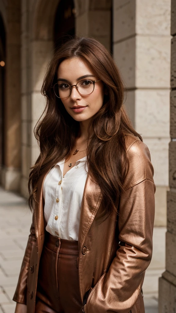 creates a 28 year old girl, long copper brown hair, Oval face, brunette with italian, With glasses, Brown eyes, charismatic, friendly, fashion designer, standing, at university photos taken with the iPhone 14pro's maximum three-lens camera, with natural light and shadows, realistic photo With background on the beach with clothing according to the season