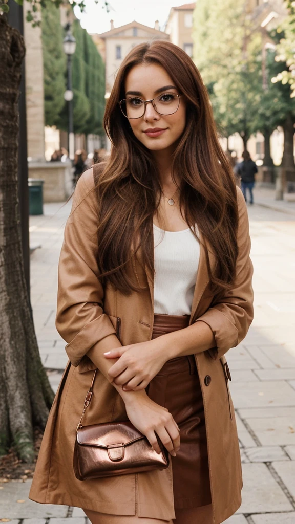 creates a 28 year old girl, long copper brown hair, Oval face, brunette with italian, With glasses, Brown eyes, charismatic, friendly, fashion designer, standing, at university photos taken with the iPhone 14pro&#39;s maximum three-lens camera, with natural light and shadows, realistic photo With background on the beach with clothing according to the season 