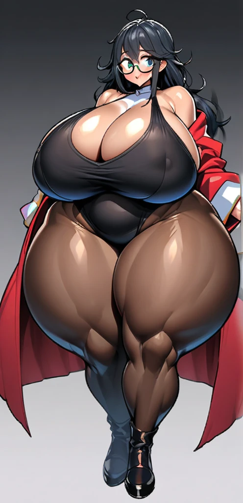 Nerdy woman, thick glasses, messy hair, gigantic breast, extremely wide hips, baggy clothes