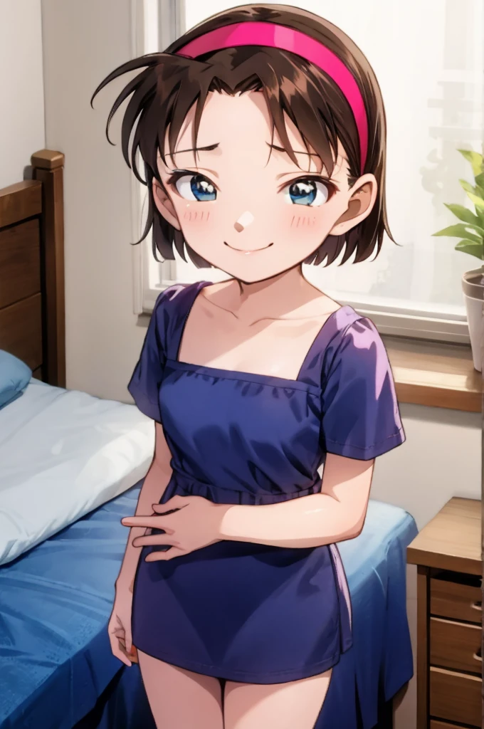 ayumiyoshida, , blue eyes, short hair, brown hair, bangs, hairband, short dress, smile, standing, bedroom 