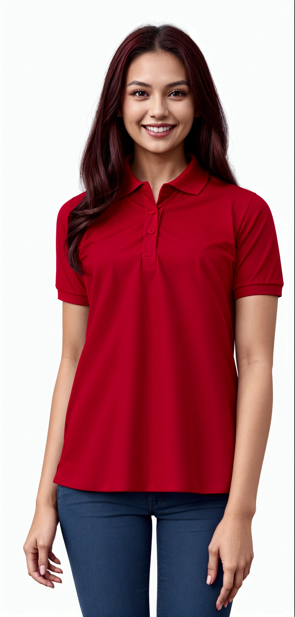 a woman in a Red shirt smiles while standing, Red shirt, wearing polo shirt, manga curta, magenta shirt, red shirt, Red shirt brown pants, red uniform, collaRed shirt, wearing red costume, crimson clothes, maroon red, wearing a dark blue polo shirt, (Spitz), shirt design, wearing red formal attire, Full-body close-up