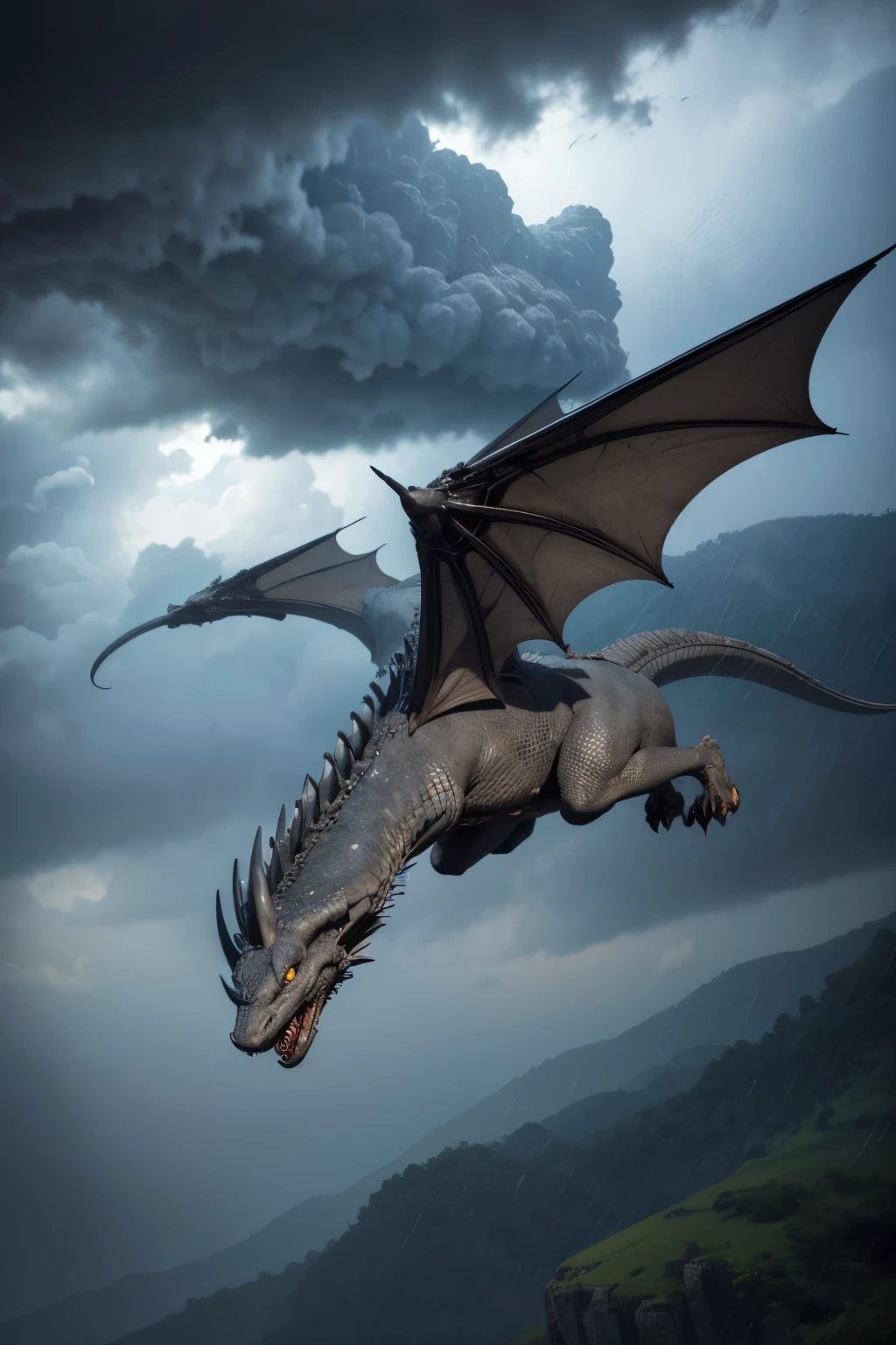 Gray dragon flying in a thunderstorm 