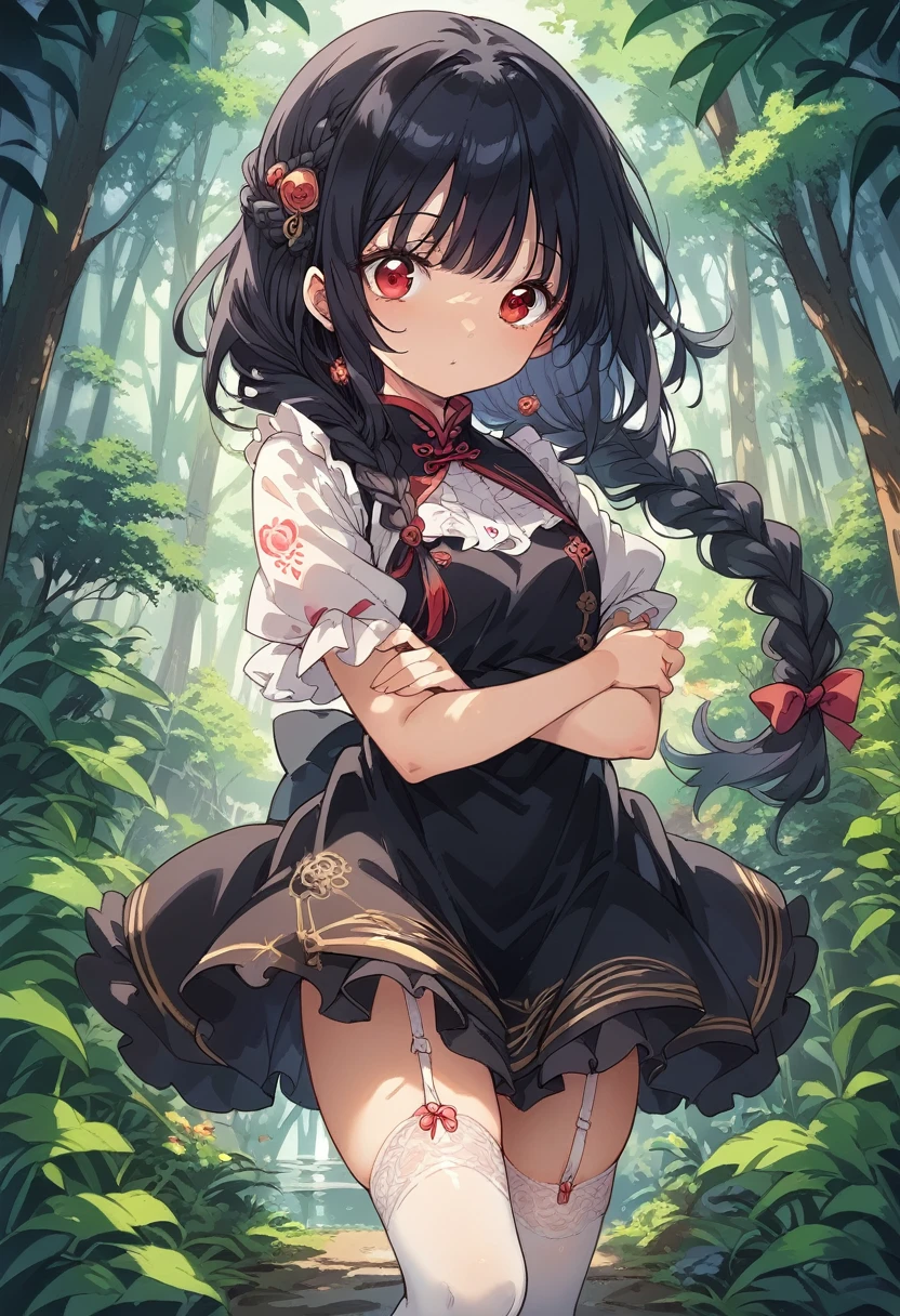 BREAK Perfect Anatomy、(High resolution:1.2)、Incredible illustrations、(Cute illustrations:1.2)、() (Beautiful background(forest)) 1 girl(Black hair, long hair, single braid, red eyes,tattoos, )(young adult woman:2.0)
(Baggy China Hat,Long ruffled sleeves, black jiangshi cheongsam dress, apron, garter stockings)eat mooncake