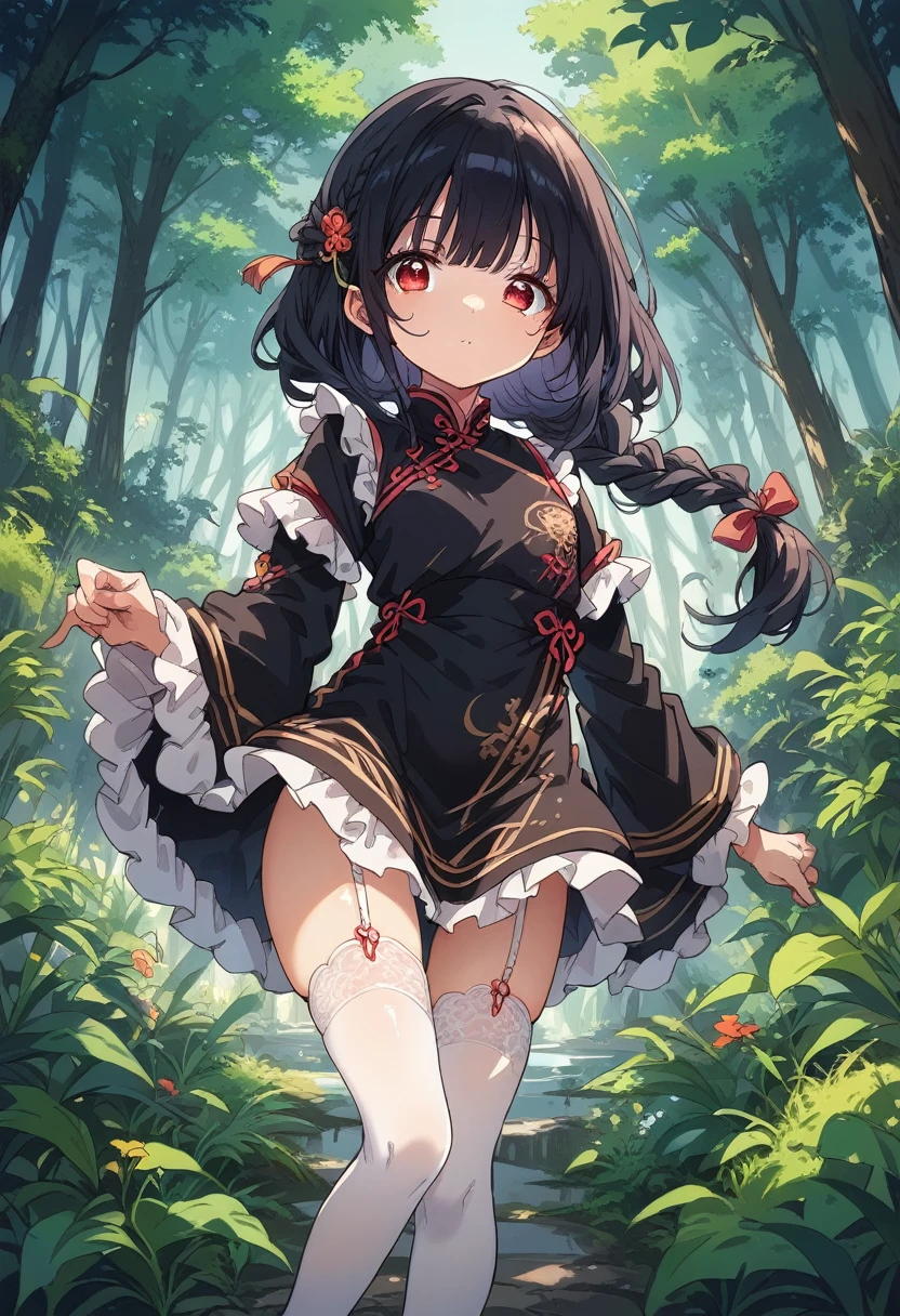 BREAK Perfect Anatomy、(High resolution:1.2)、Incredible illustrations、(Cute illustrations:1.2)、() (Beautiful background(forest)) 1 girl(Black hair, long hair, single braid, red eyes,tattoos, )(young adult woman:2.0)
Long ruffled sleeves, black jiangshi cheongsam dress, garter stockings