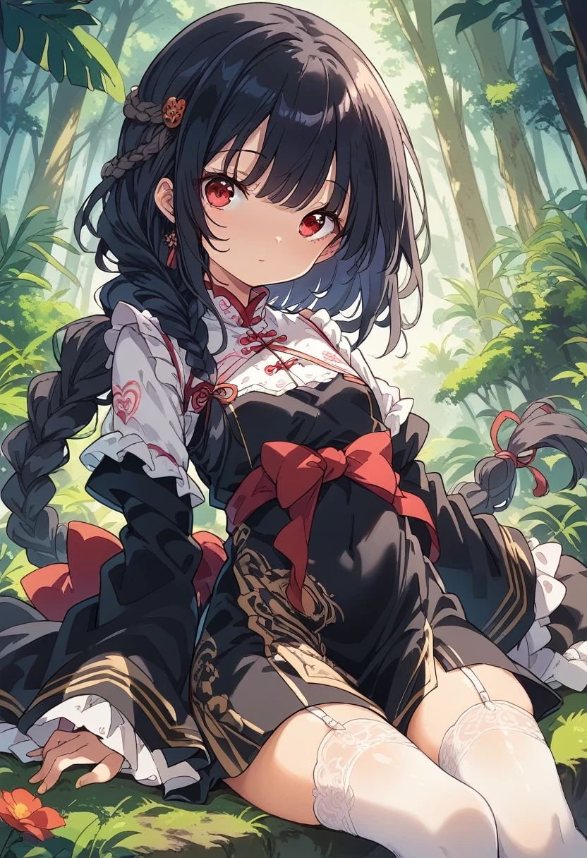 BREAK Perfect Anatomy、(High resolution:1.2)、Incredible illustrations、(Cute illustrations:1.2)、() (Beautiful background(forest)) 1 girl(Black hair, long hair, single braid, red eyes,tattoos, )(young adult woman:2.0)
Long ruffled sleeves, black jiangshi cheongsam dress, garter stockings