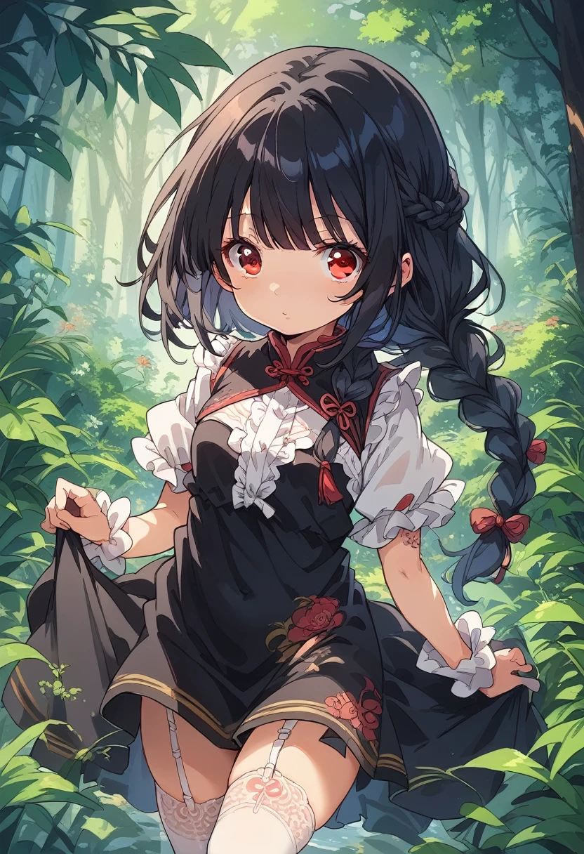 BREAK Perfect Anatomy、(High resolution:1.2)、Incredible illustrations、(Cute illustrations:1.2)、() (Beautiful background(forest)) 1 girl(Black hair, long hair, single braid, red eyes,tattoos, )(young adult woman:2.0)
Long ruffled sleeves, black jiangshi cheongsam dress, garter stockings