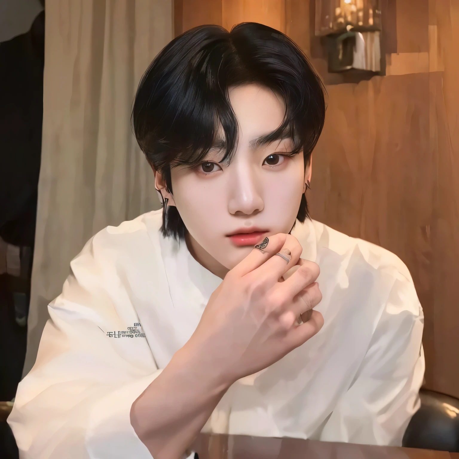 There is a man who is sitting at a table , Cai Xu Kun, jungkook, xqc, pale korean adorable face, Jung Jaehyun, sometimes ulzzang, Kim Doyoung, with short hair, TaeJune Kim, inspired by Bian Shoumin, Jinyoung Shin, Shin Jeongho, Hyung Tae, 1 7-year-old boy with a thin face